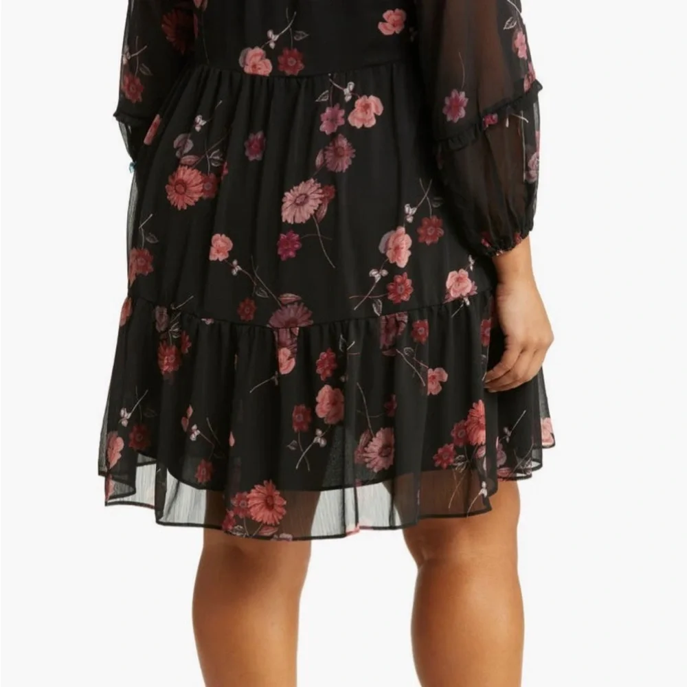 Floral Tiered Black Dress with Pink Blooms - Picture 2 of 2